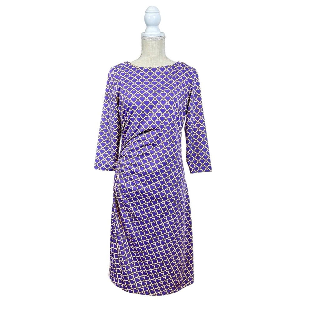 J McLaughlin Catalina Cloth‎ Purple Gold Chain Print Dress Side Ruching Sz MD￼
